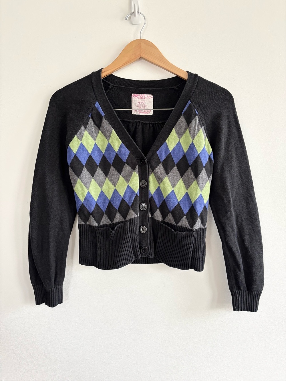 Y2K Argyle V-Neck Cardigan Sweater with Blue & Green Diamonds - Picture 2 of 12